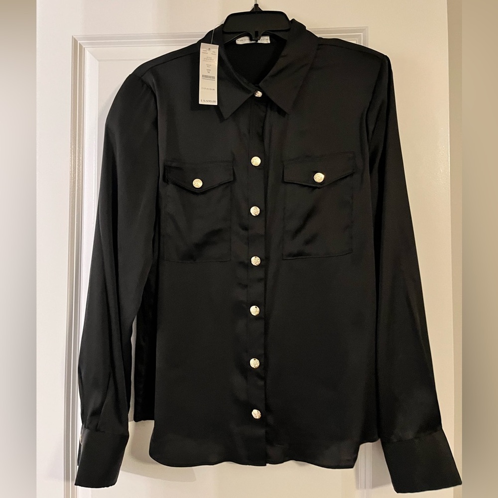 White House Black Market Black Blouse with Pearl Buttons